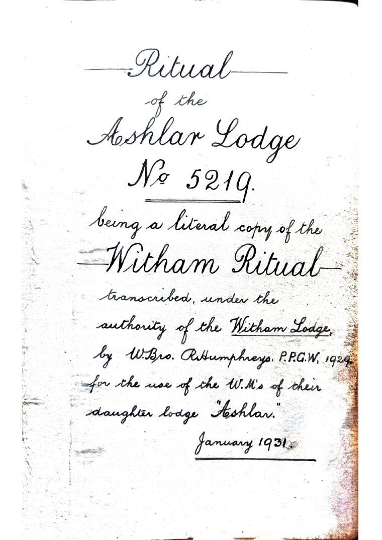 Handwritten title page: Ritual of the Ashlar Lodge No. 5219, January 1931